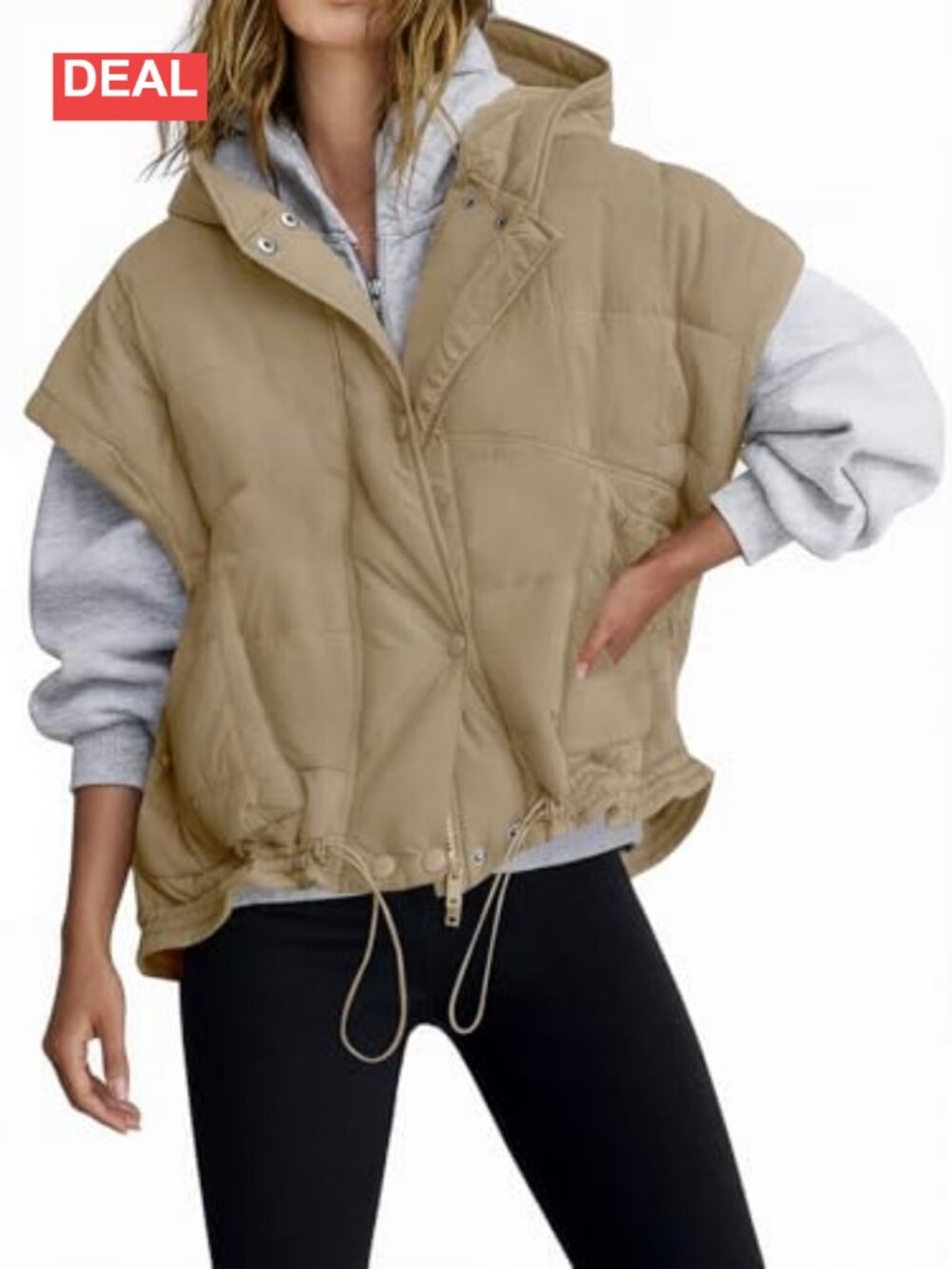 Oversized Hooded Quilted Puffer Vest Cap Sleeve Padded Warm Coat